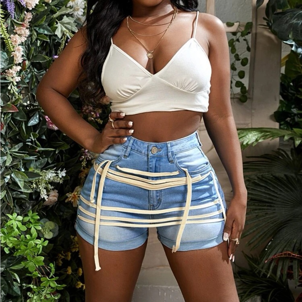Strap Front Light Denim Shorts
